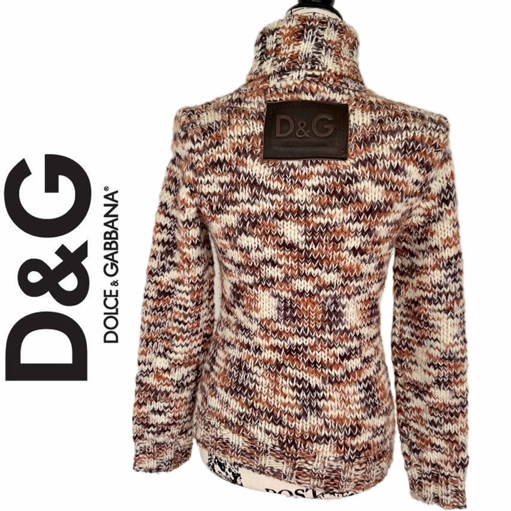 Vintage D&G Dolce & Gabanna Turtleneck‎ Sweater Chunky Wool Marled Leather Logo